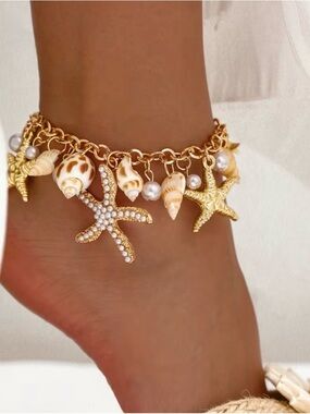 Gold Starfish & Shell Charm Anklet -